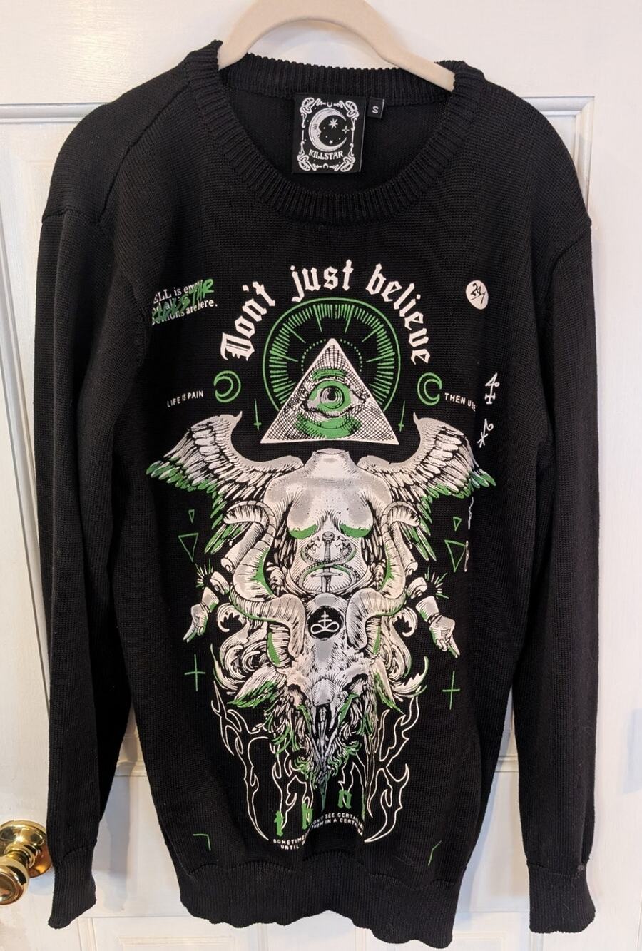 KILLSTAR Illuminated Knit Sweater Black Goth Occult "Don't Just Believe" Small